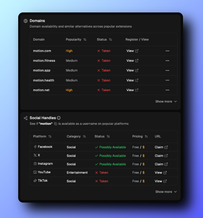Screenshot of domain and social media availability check