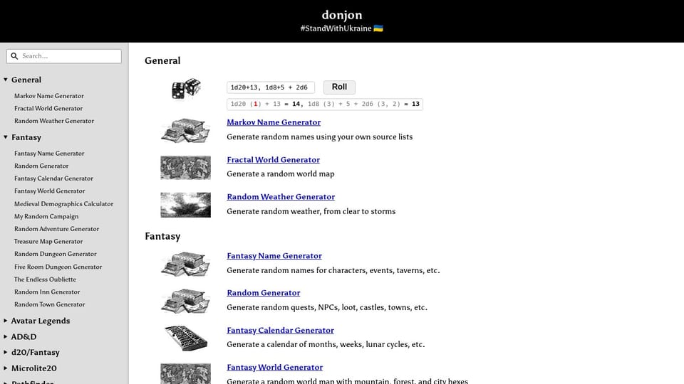 Donjon RPG Tools homepage screenshot