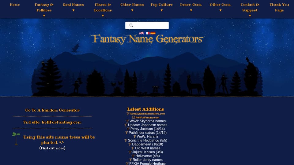 Fantasy Name Generators homepage screenshot