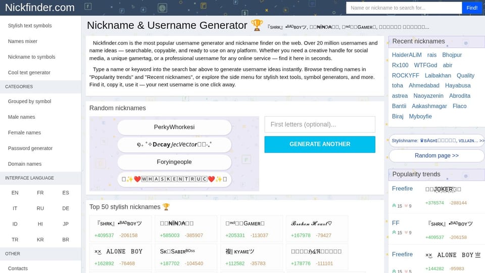 Nickfinder homepage screenshot