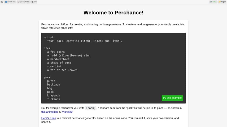Perchance.org homepage screenshot